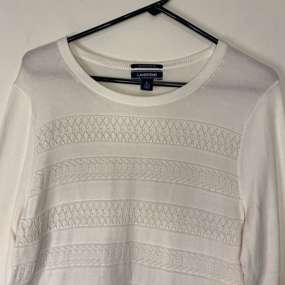 Women's Lands End Fancy White Supima Cotton 3/4 Length Blouse Sweater L Classic - Picture 2 of 15